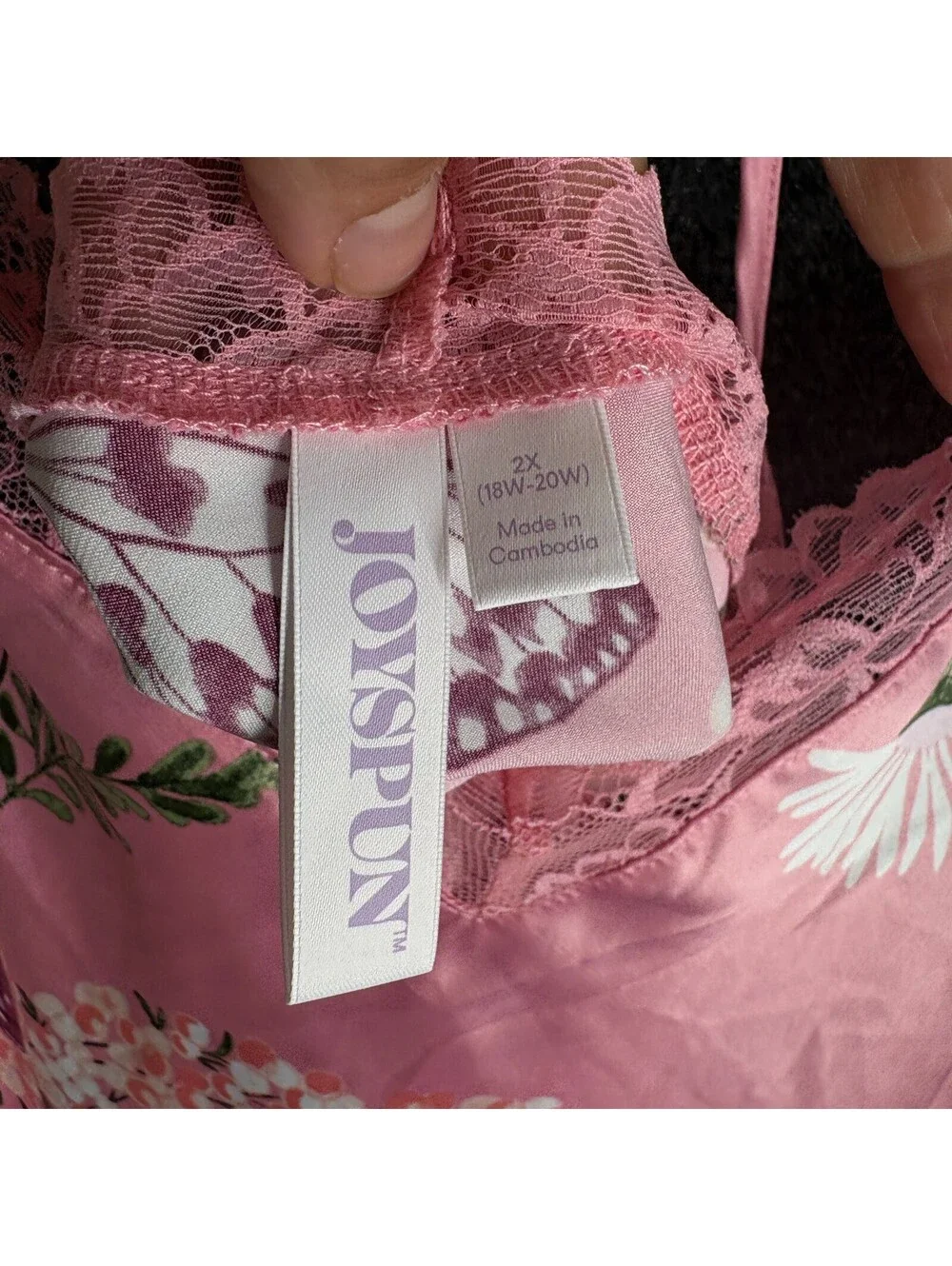 Joyspun Cami Top Women 2X Plus Pink Floral Lace V-Neck Sleeveless Sleepwear